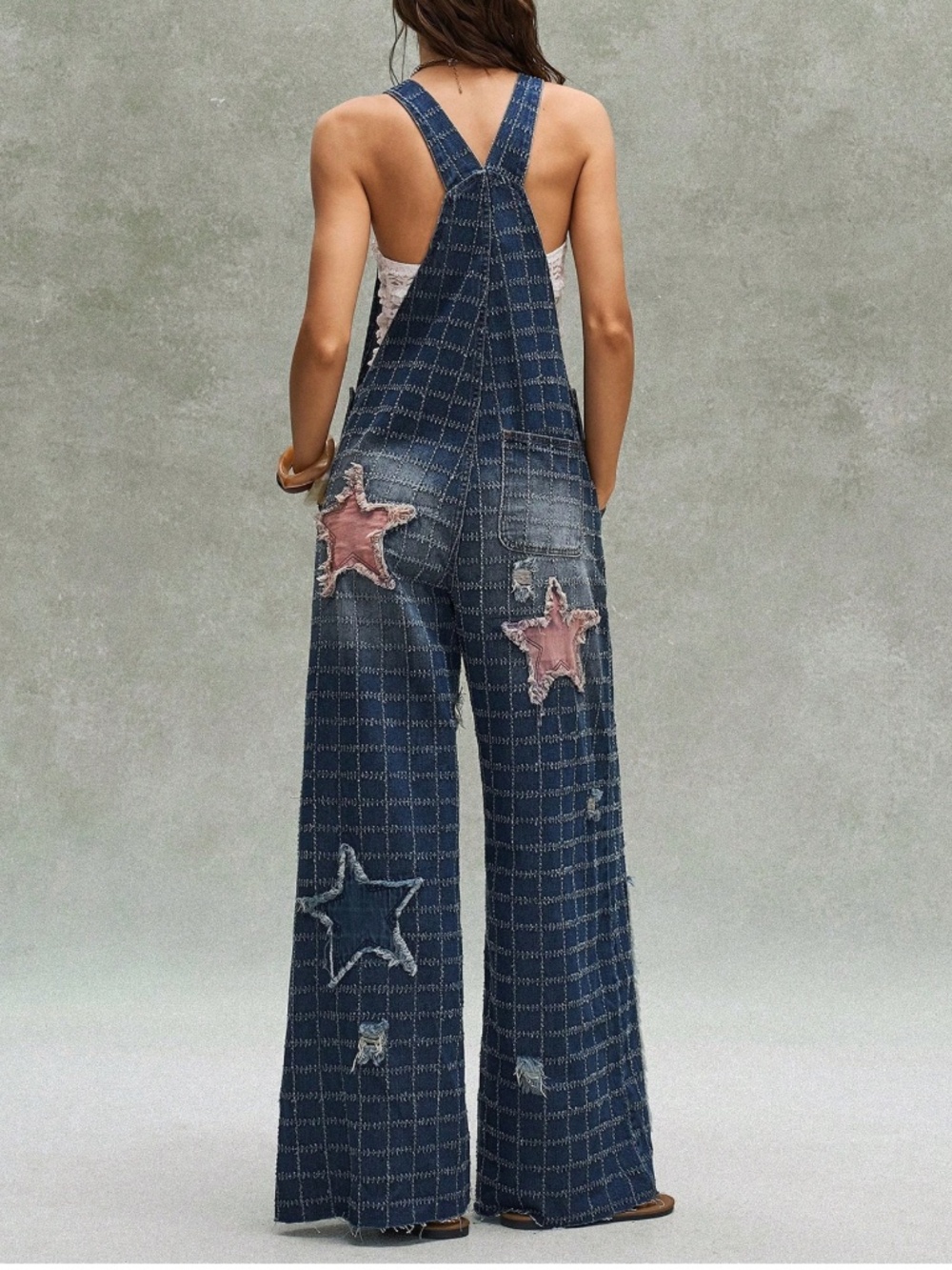Western Dark Wash Star Wide Leg Bibs Overalls - Picture 2 of 7